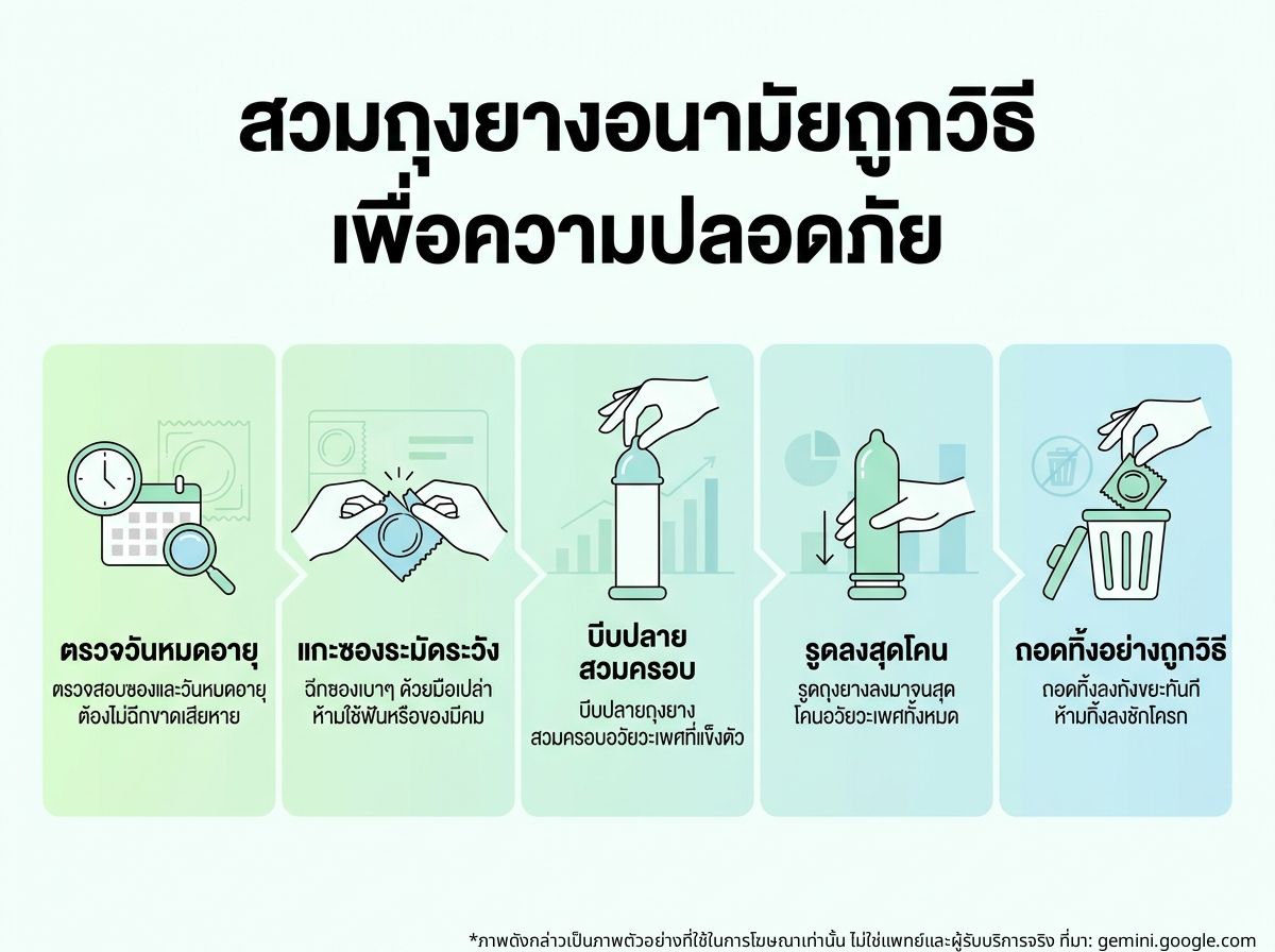 ผู้ชายกำลังสวมถุงยางอนามัยอย่างถูกวิธี