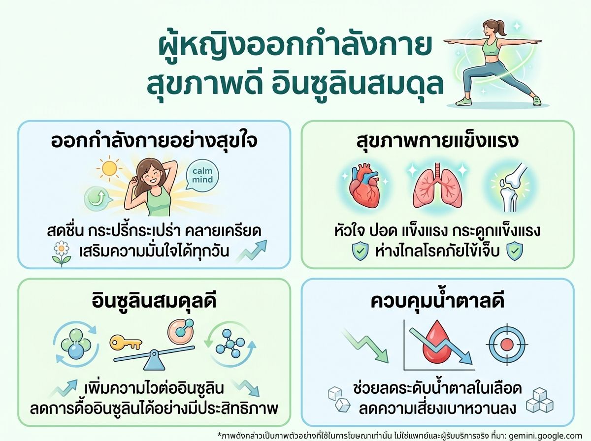 ผู้หญิงกำลังออกกำลังกายอย่างมีความสุขเพื่อสุขภาพที่ดีและความสมดุลของอินซูลิน