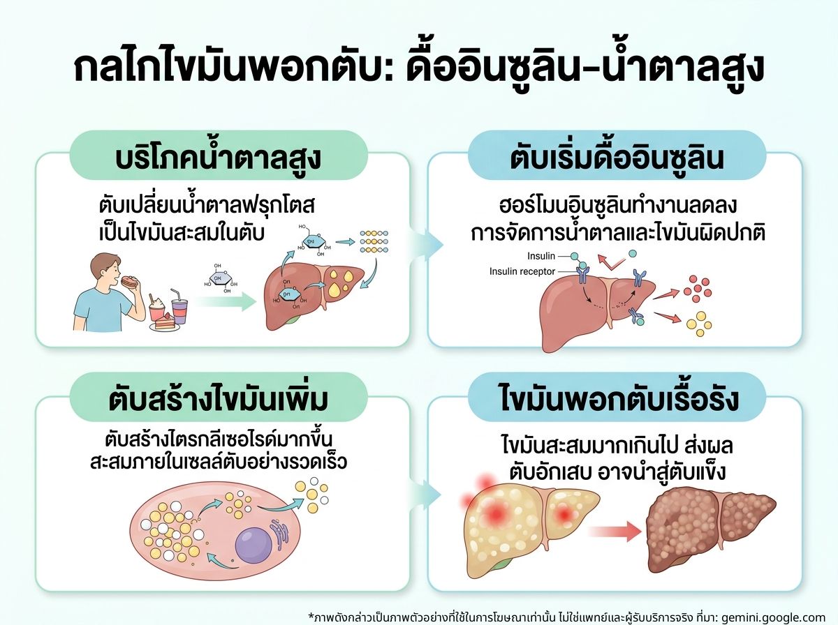 ภาพประกอบแสดงกลไกการเกิดไขมันพอกตับจากภาวะดื้ออินซูลินและการบริโภคน้ำตาลสูง
