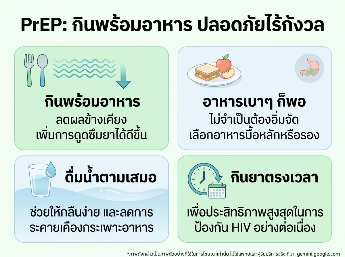 ผู้ชายกำลังกินยา PrEP พร้อมแก้วน้ำและอาหาร