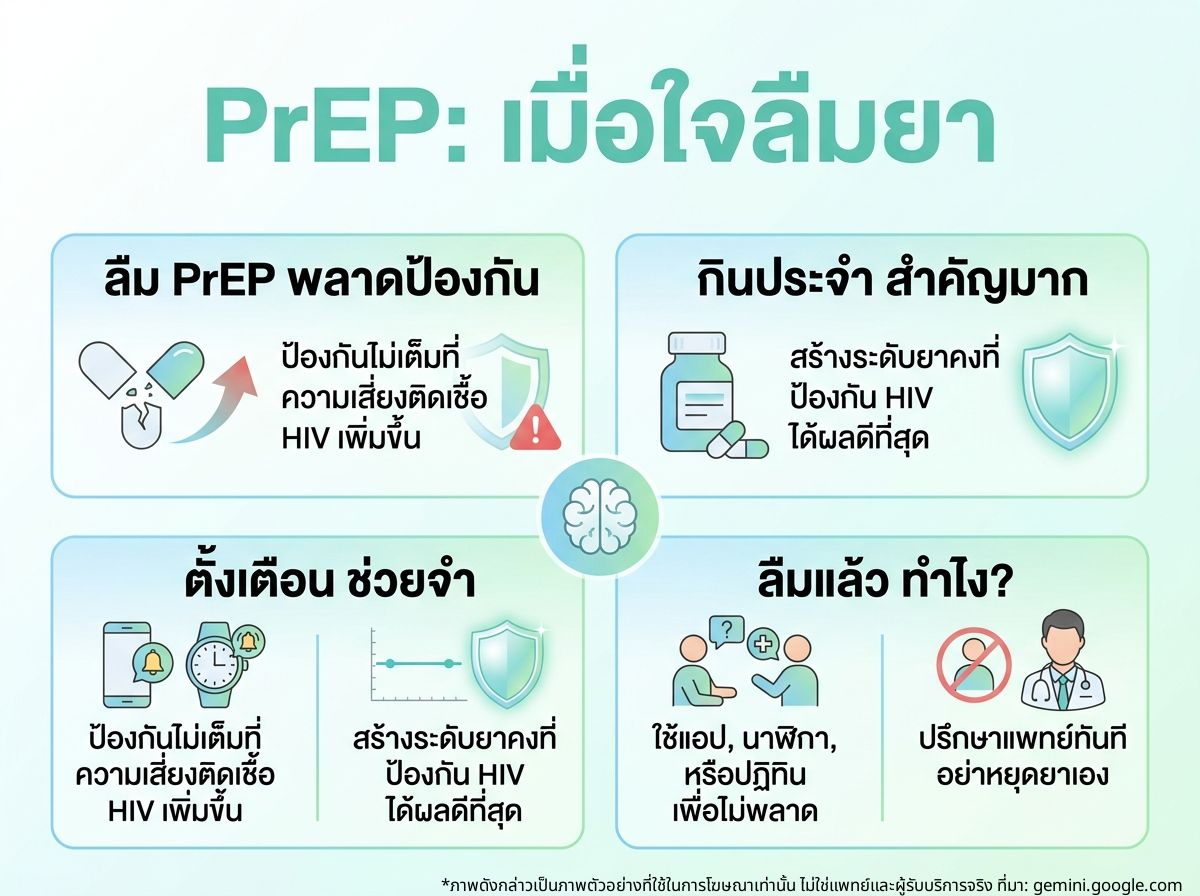 ผู้ชายกำลังคิดและมีรูปยา PrEP อยู่ข้างๆ แสดงถึงการลืมกินยา