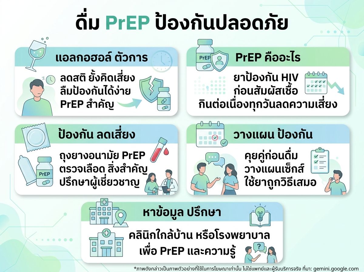 ผู้ชายดื่มแอลกอฮอล์กำลังคิดเรื่องการกินยา PrEP และการป้องกัน