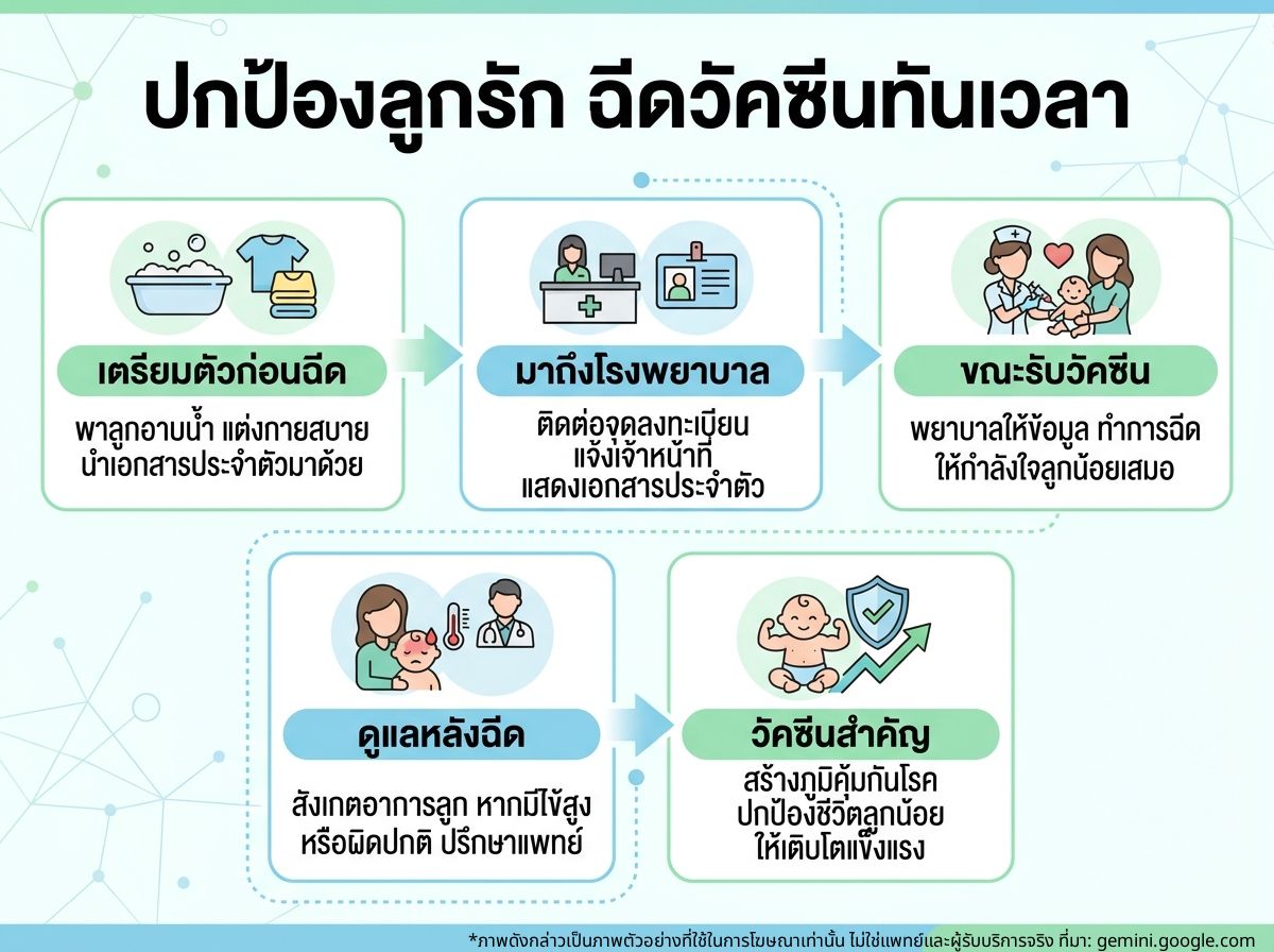 คุณแม่กำลังพาลูกน้อยไปฉีดวัคซีนที่โรงพยาบาล