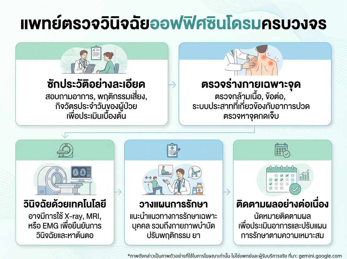 แพทย์กำลังให้คำปรึกษาและตรวจวินิจฉัยผู้ป่วยออฟฟิศซินโดรมอย่างละเอียด
