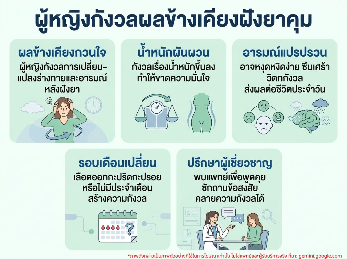 ผู้หญิงกำลังกังวลเกี่ยวกับผลข้างเคียงการฝังยาคุม