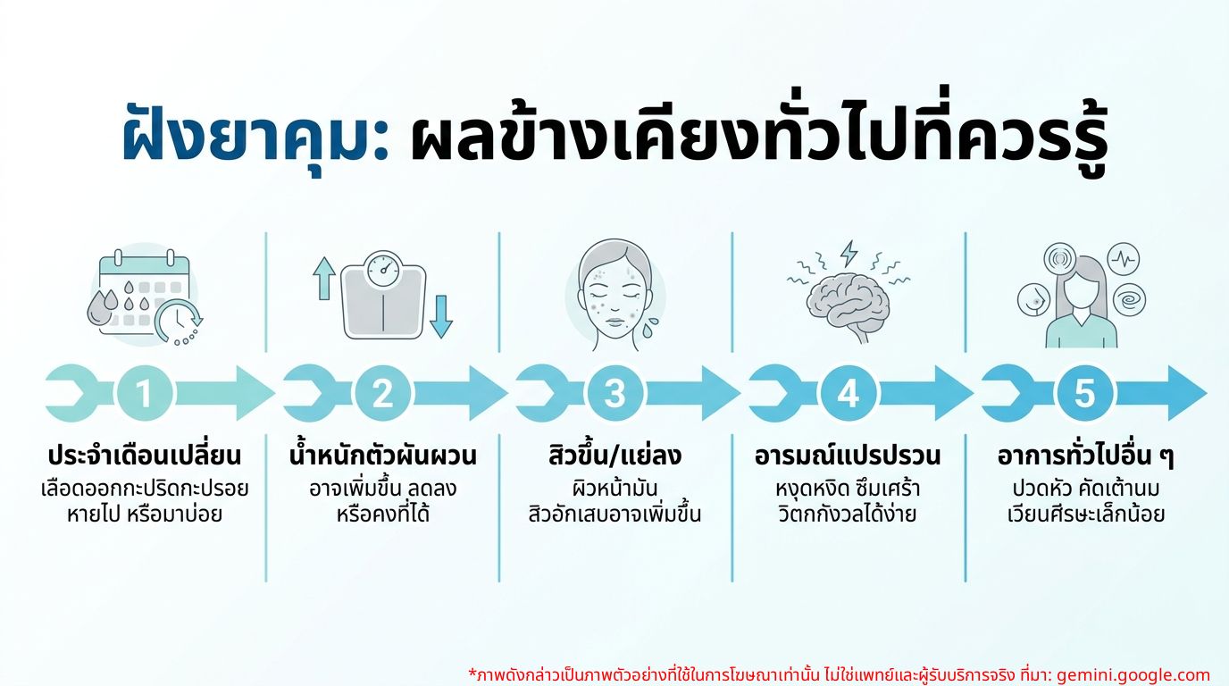 อินโฟกราฟิกสรุปผลข้างเคียงทั่วไปของการฝังยาคุม เช่น น้ำหนัก, สิว, ประจำเดือน