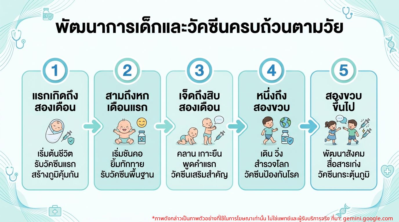 อินโฟกราฟิก แสดงตารางพัฒนาการเด็กและวัคซีน