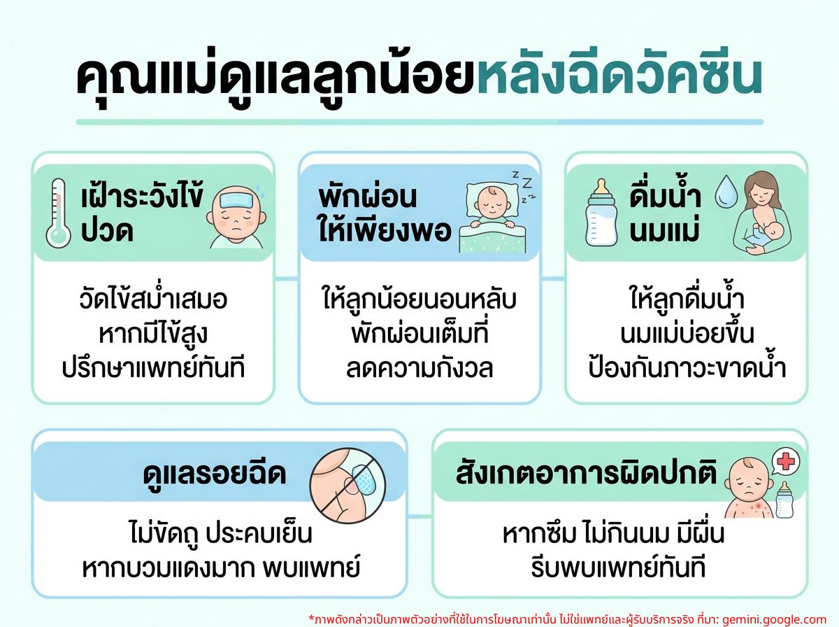 คุณแม่ดูแลลูกน้อยหลังฉีดวัคซีน