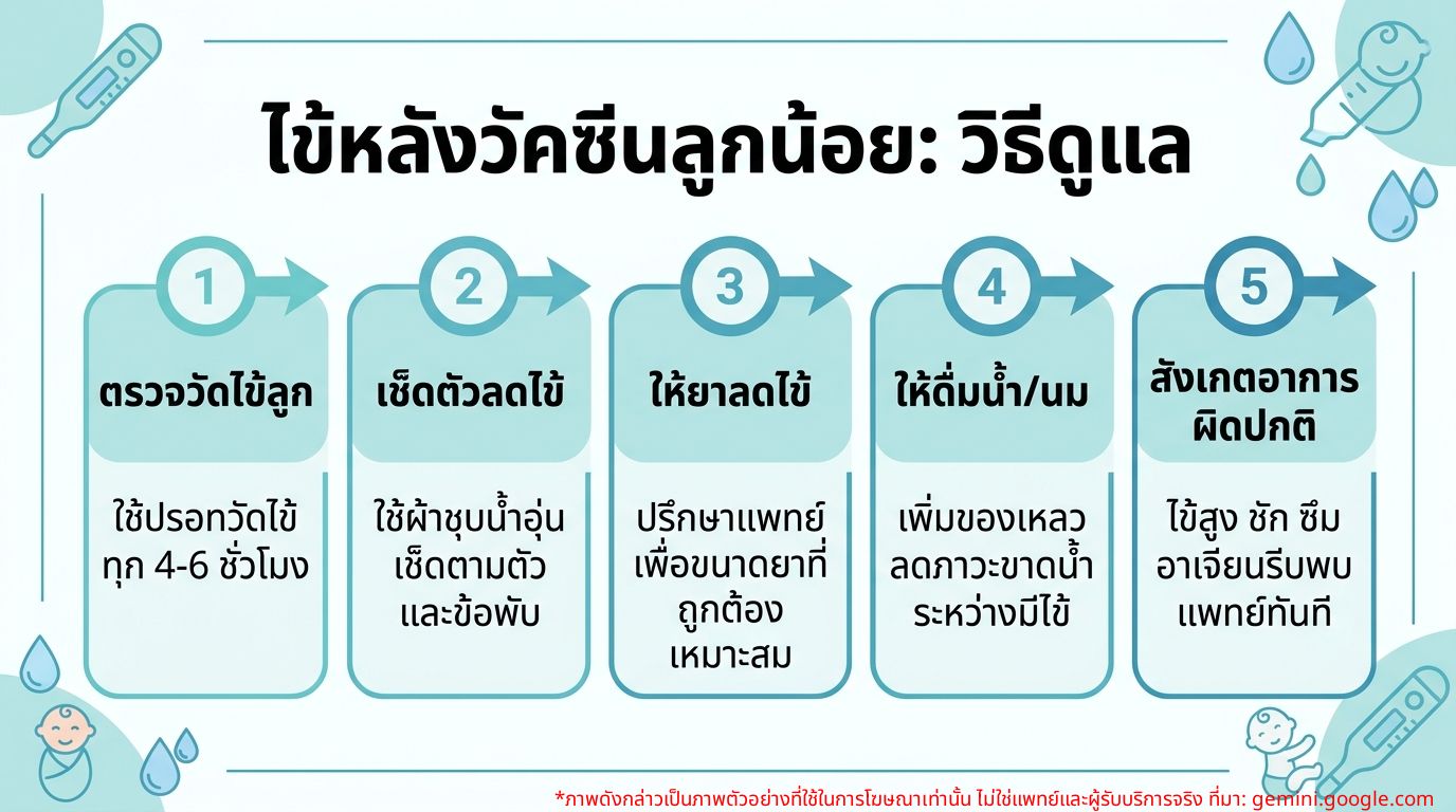 อินโฟกราฟิกวิธีดูแลลูกน้อยเมื่อมีไข้หลังฉีดวัคซีน