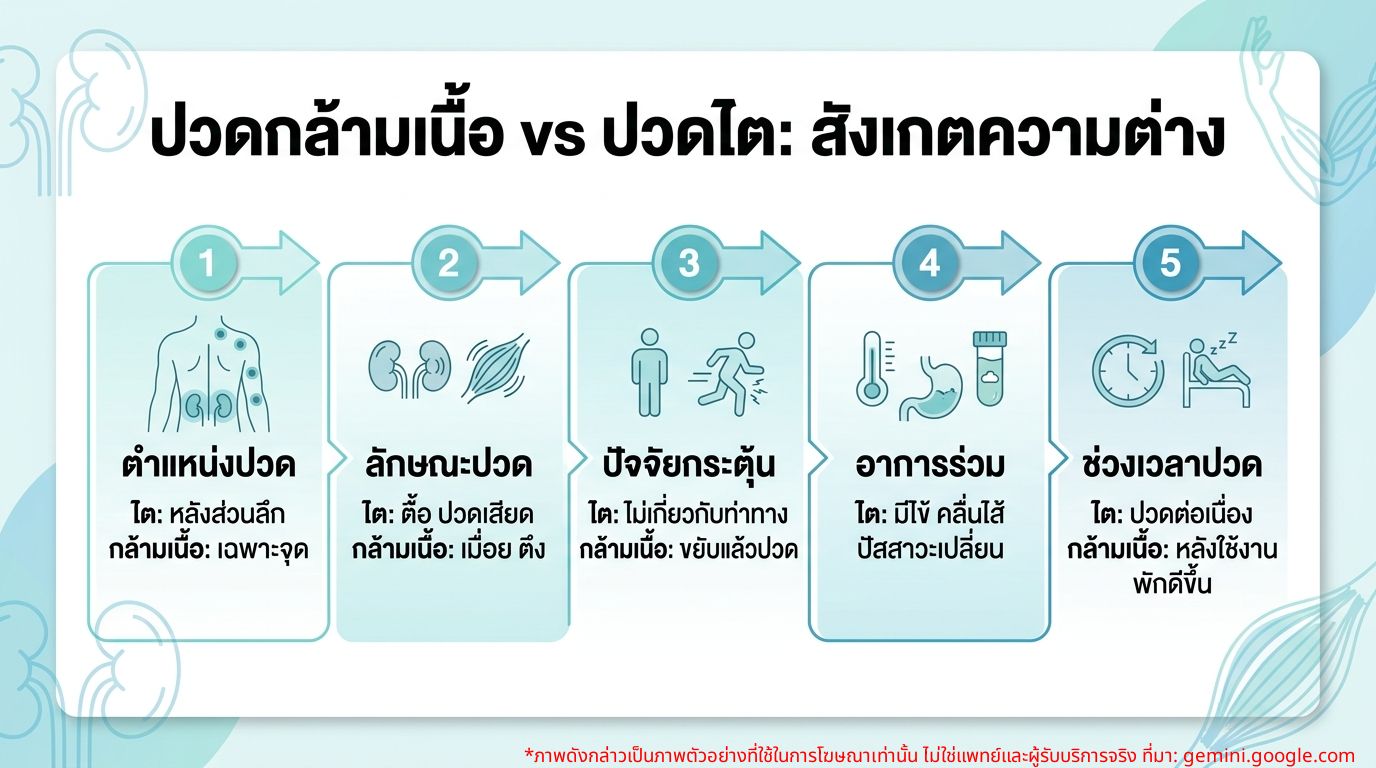 อินโฟกราฟิกแสดงความแตกต่างระหว่างปวดกล้ามเนื้อและปวดไต