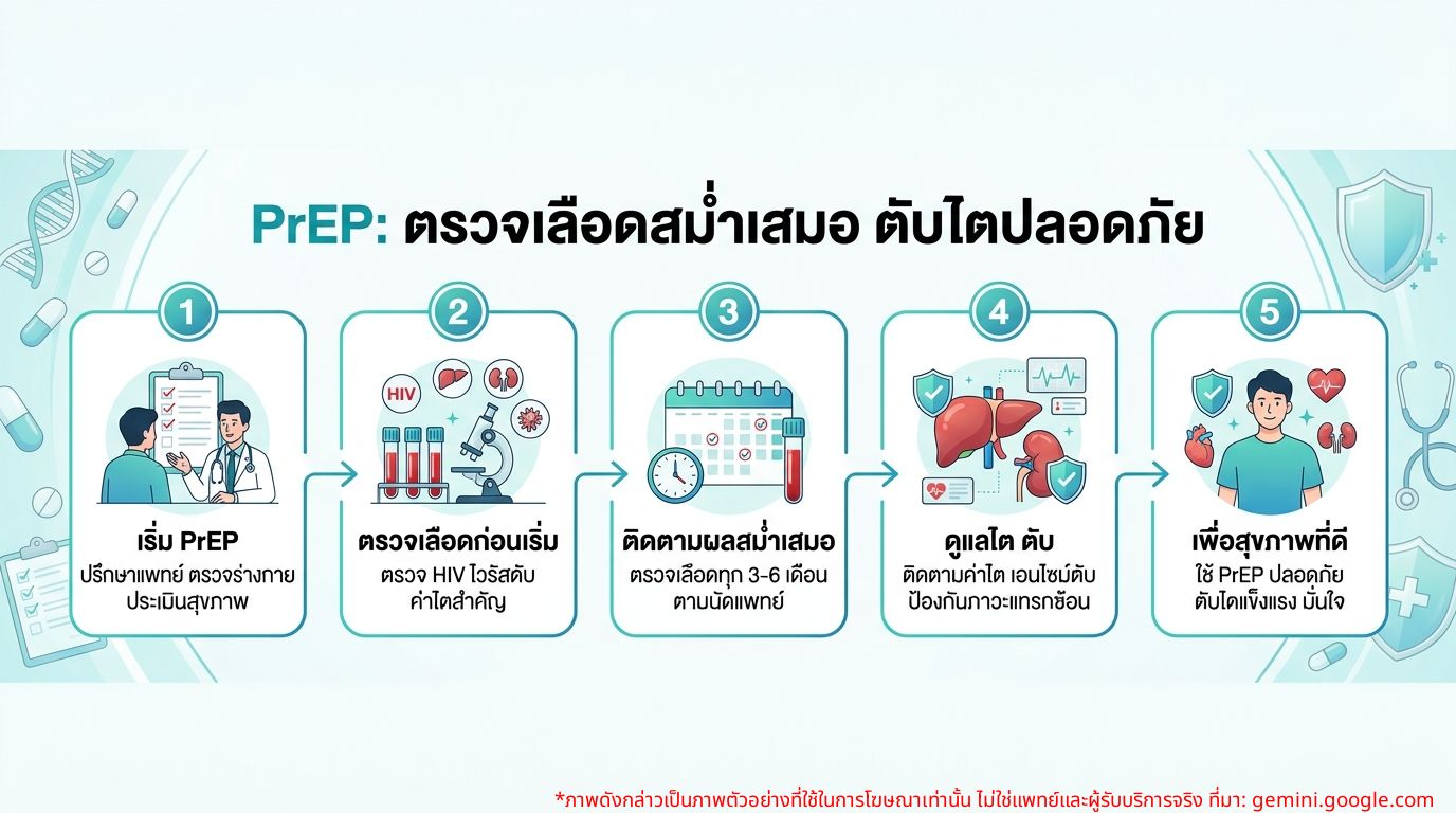 Infographic แสดงความสำคัญของการตรวจเลือดติดตามผล PrEP และการดูแลตับไตอย่างถูกวิธี