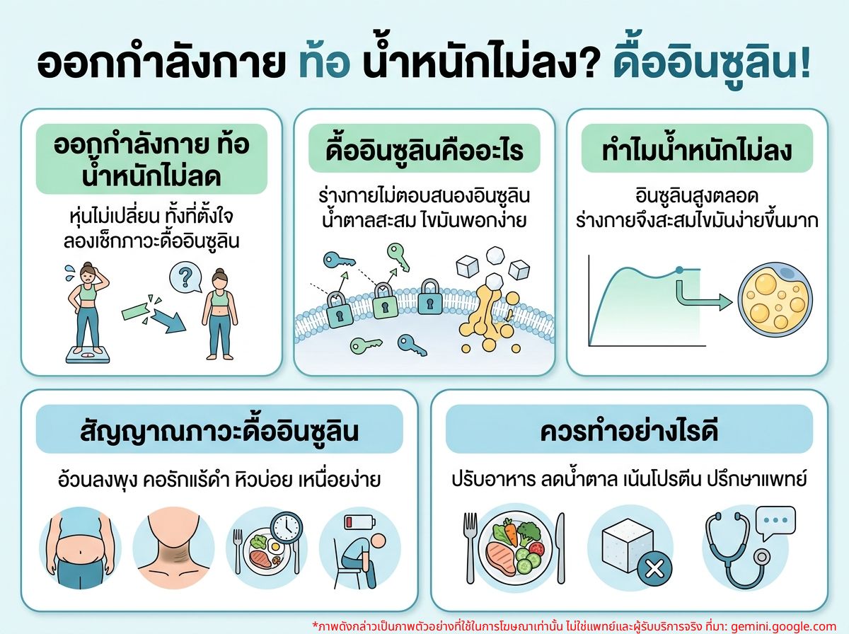 ผู้หญิงกำลังออกกำลังกายแล้วรู้สึกท้อเพราะน้ำหนักไม่ลง แสดงถึงภาวะดื้ออินซูลิน