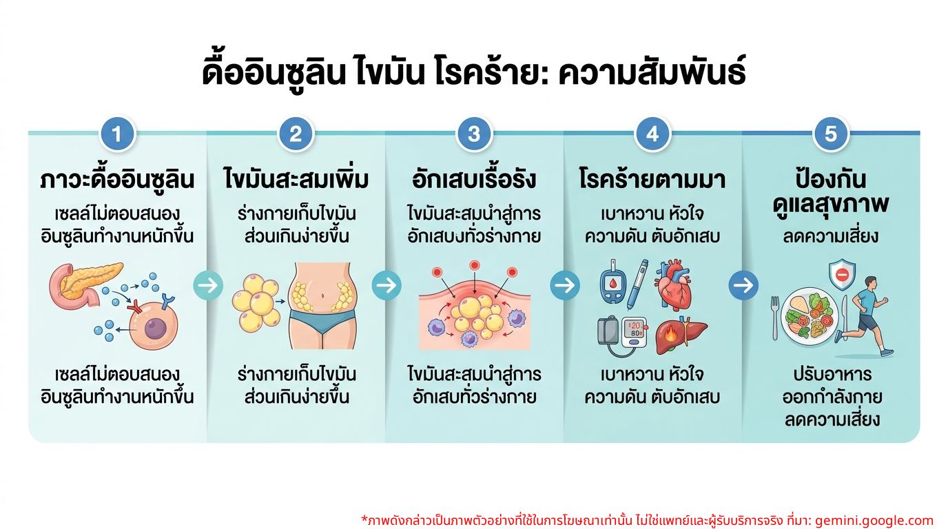 อินโฟกราฟิก: ความสัมพันธ์ระหว่างภาวะดื้ออินซูลิน การสะสมไขมัน และปัญหาสุขภาพ