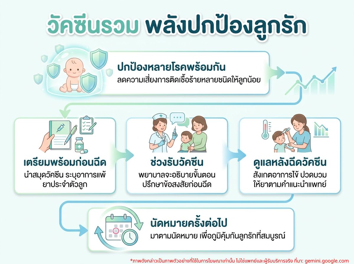 คุณแม่พาลูกน้อยเข้ารับการฉีดวัคซีนรวม