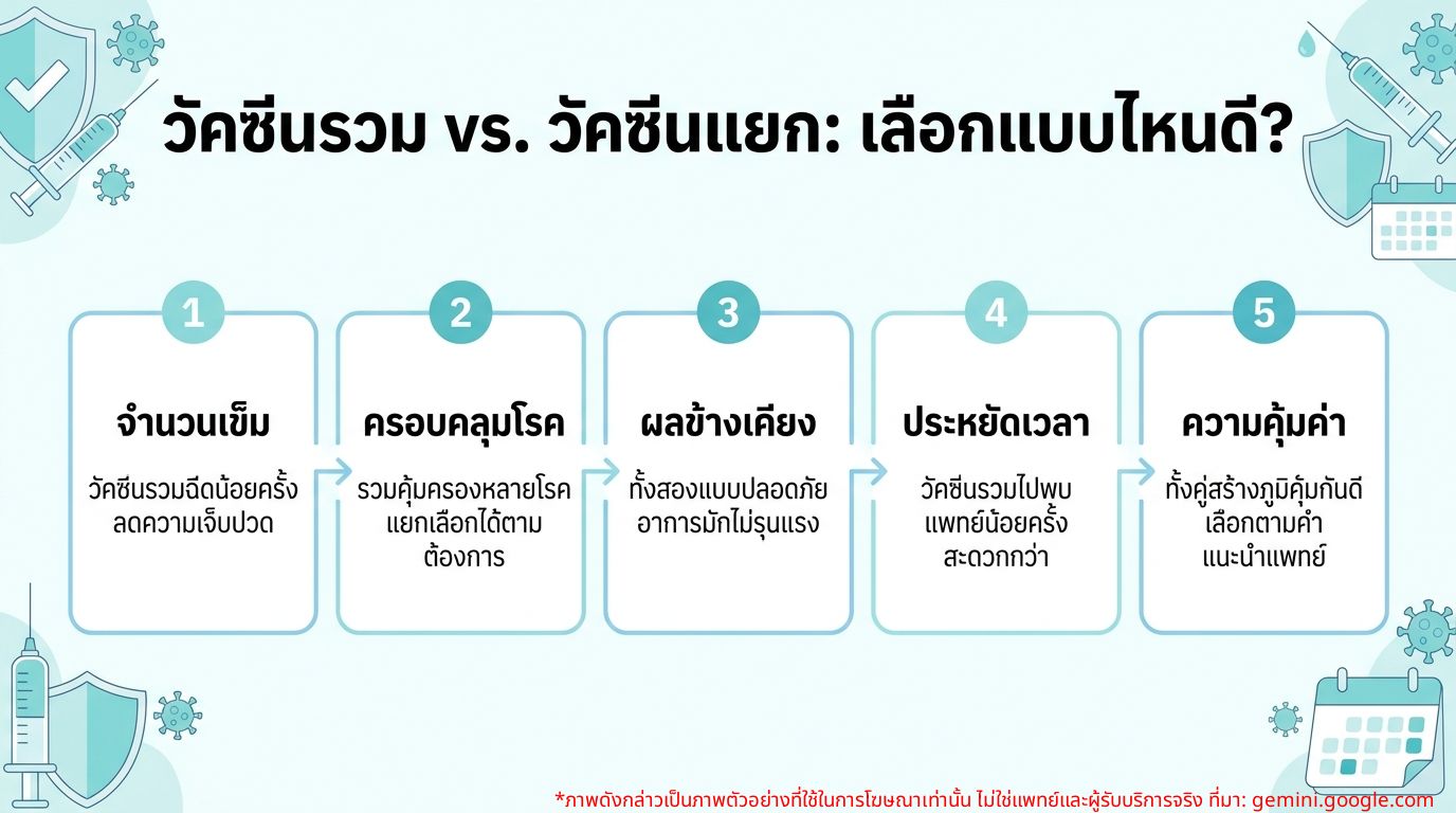 Infographic เปรียบเทียบประโยชน์ของวัคซีนรวมและวัคซีนแยก