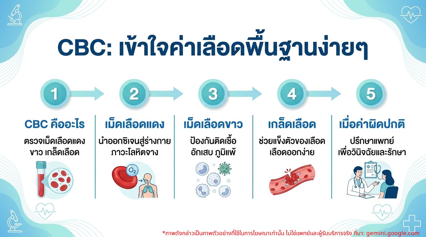 Infographic สรุปความหมายของค่า CBC เบื้องต้นและภาวะที่เกี่ยวข้อง