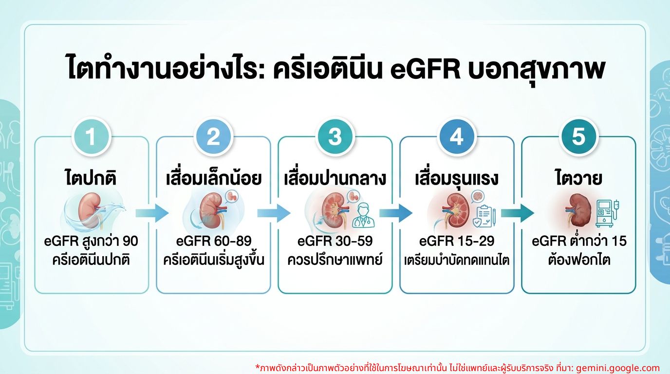 Infographic แสดงระดับครีเอตินีนและค่า eGFR ที่บ่งบอกถึงการทำงานของไตในแต่ละระยะ