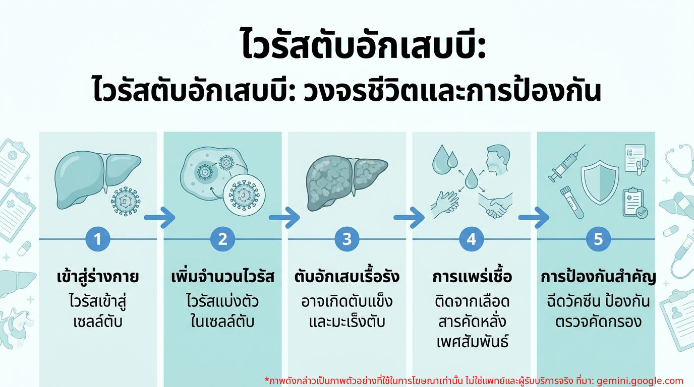 ภาพอินโฟกราฟิกแสดงวงจรชีวิตของไวรัสตับอักเสบบีและการป้องกัน