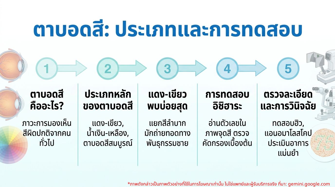 อินโฟกราฟิกแสดงประเภทของการตาบอดสีและการทดสอบที่ใช้