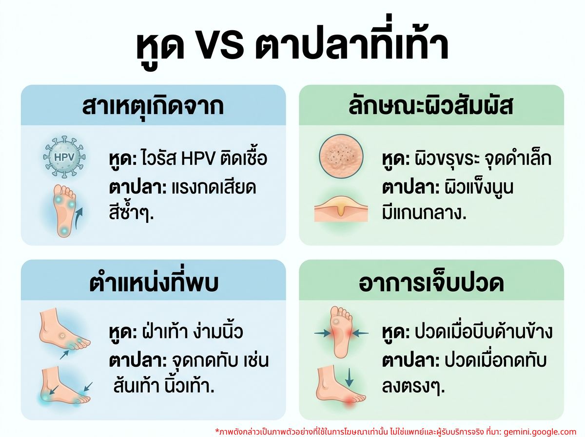 ภาพเปรียบเทียบหูดและตาปลาที่เท้า