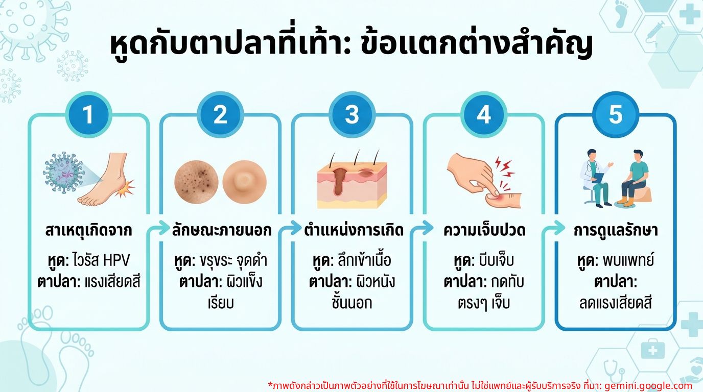 อินโฟกราฟิกเปรียบเทียบความแตกต่างระหว่างหูดที่เท้าและตาปลาที่เท้า