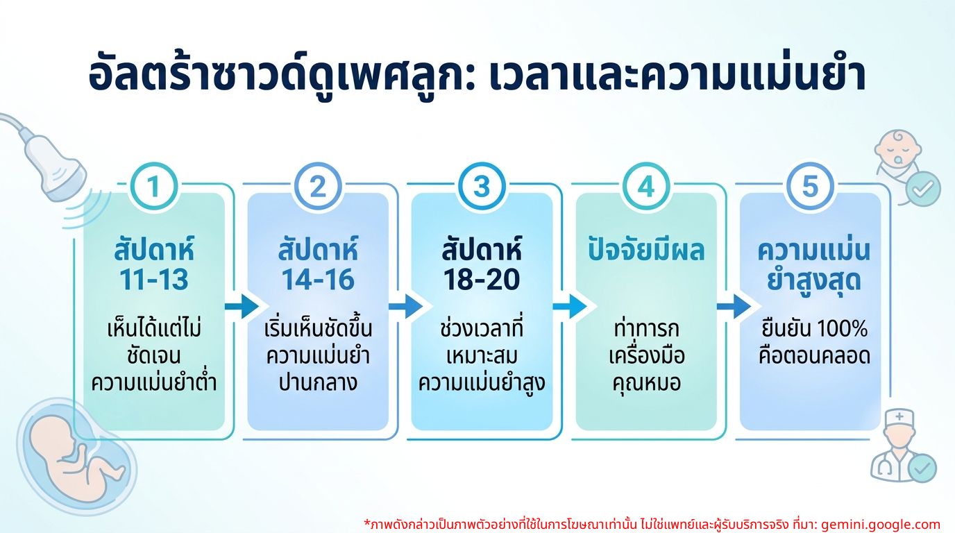 อินโฟกราฟิกแสดงช่วงเวลาที่เหมาะสมในการอัลตร้าซาวด์เพื่อดูเพศทารกและความแม่นยำ