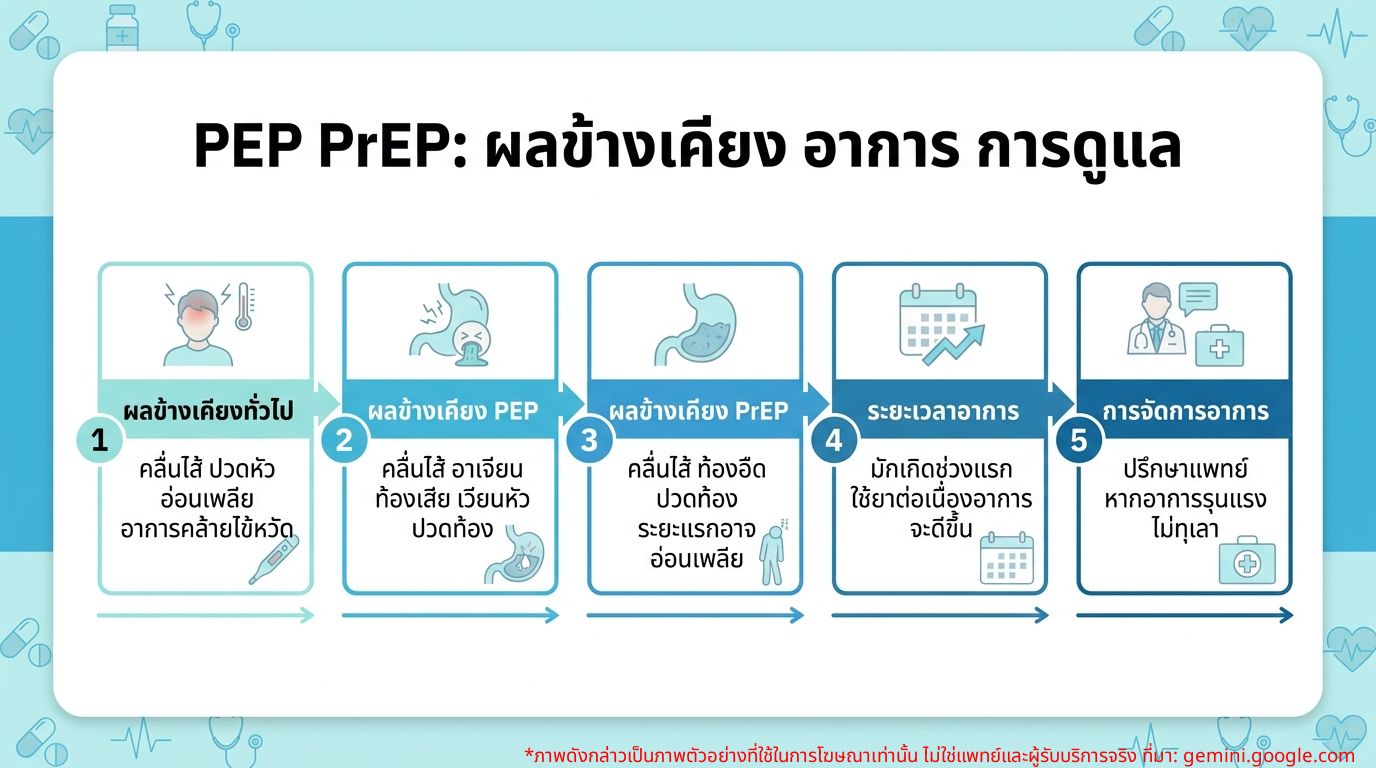 อินโฟกราฟิกเปรียบเทียบผลข้างเคียงของยา PEP และ PrEP และคำแนะนำในการจัดการอาการ