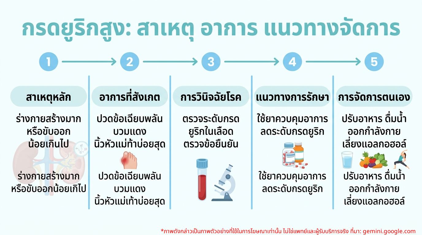 Infographic สรุปสาเหตุ อาการ และแนวทางการจัดการกรดยูริกในเลือดสูง