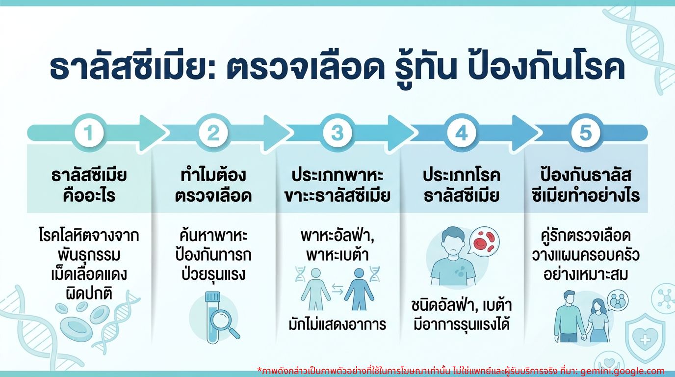 ภาพอินโฟกราฟิกแสดงความสำคัญของการตรวจเลือดธาลัสซีเมีย และประเภทของธาลัสซีเมีย
