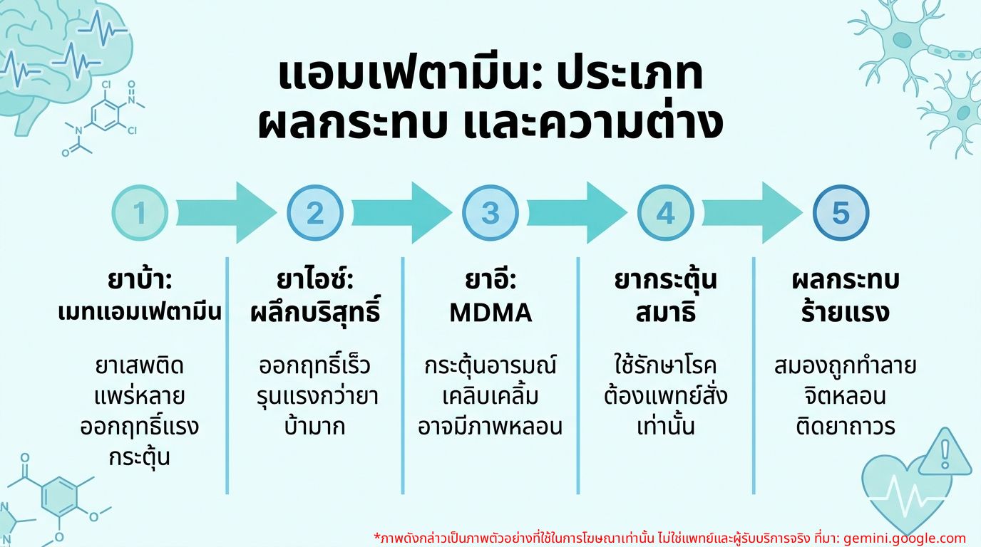 ตารางเปรียบเทียบประเภทของแอมเฟตามีนและผลกระทบ