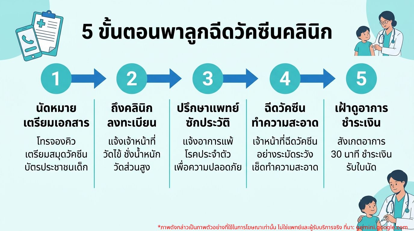 อินโฟกราฟิกขั้นตอนการพาลูกฉีดวัคซีนที่คลินิก