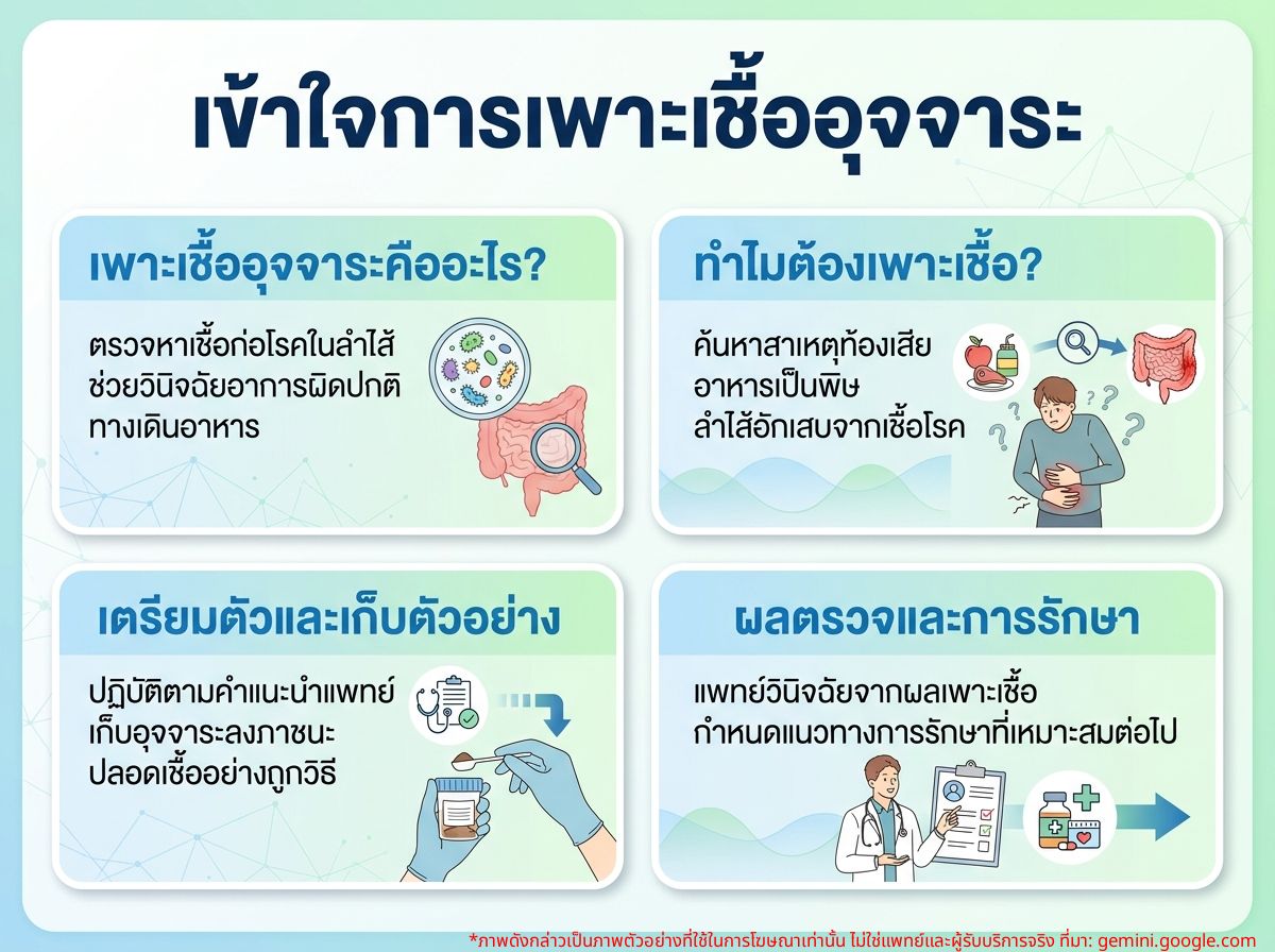ผู้ป่วยกำลังศึกษาเกี่ยวกับการเพาะเชื้ออุจจาระสำหรับวินิจฉัยอาการทางเดินอาหาร