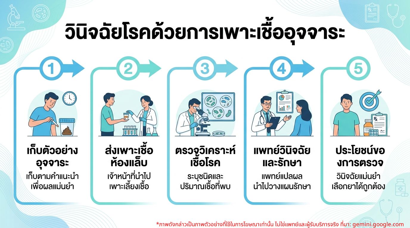 อินโฟกราฟิกแสดงขั้นตอนและประโยชน์ของการเพาะเชื้ออุจจาระเพื่อวินิจฉัยโรค