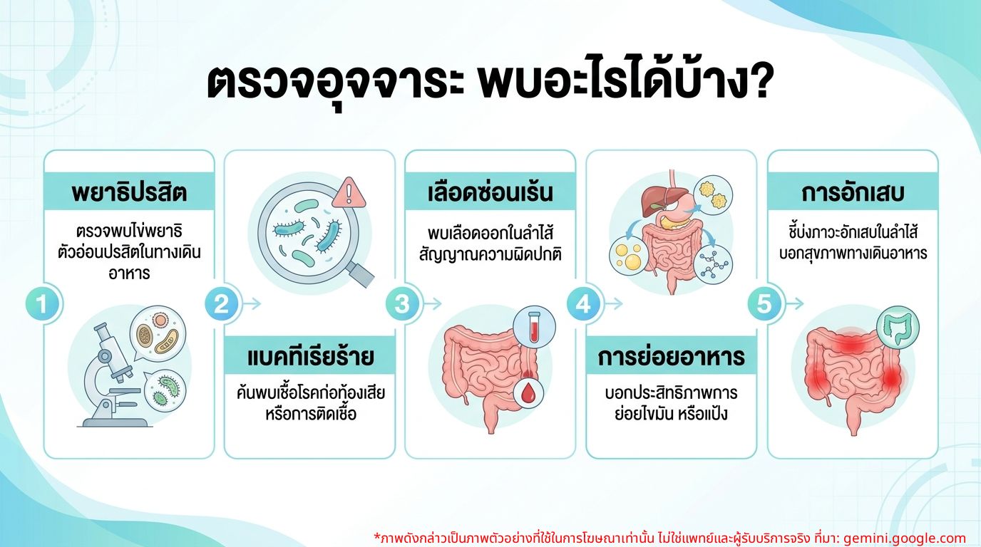 อินโฟกราฟิกแสดงสิ่งที่ตรวจพบได้จากการตรวจอุจจาระ เช่น พยาธิ แบคทีเรีย เลือด