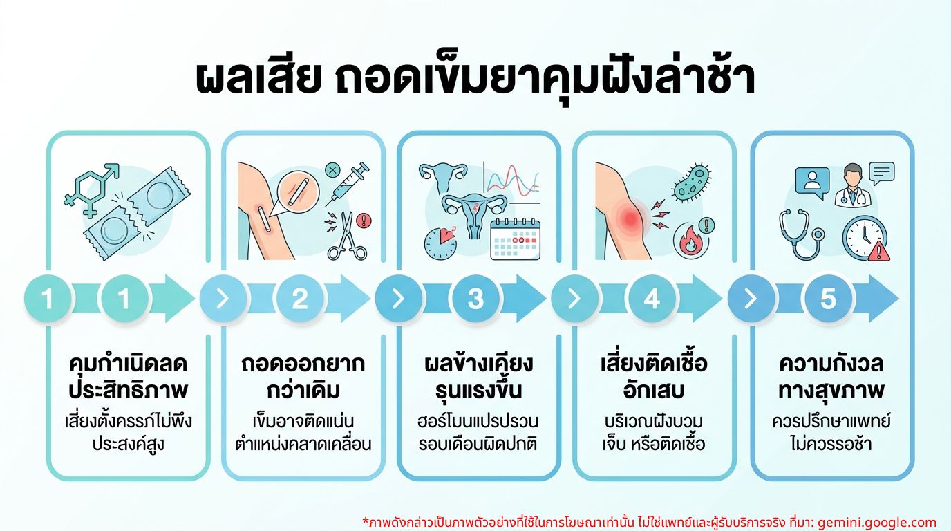 อินโฟกราฟิกแสดงผลเสียของการถอดเข็มยาคุมแบบฝังล่าช้า