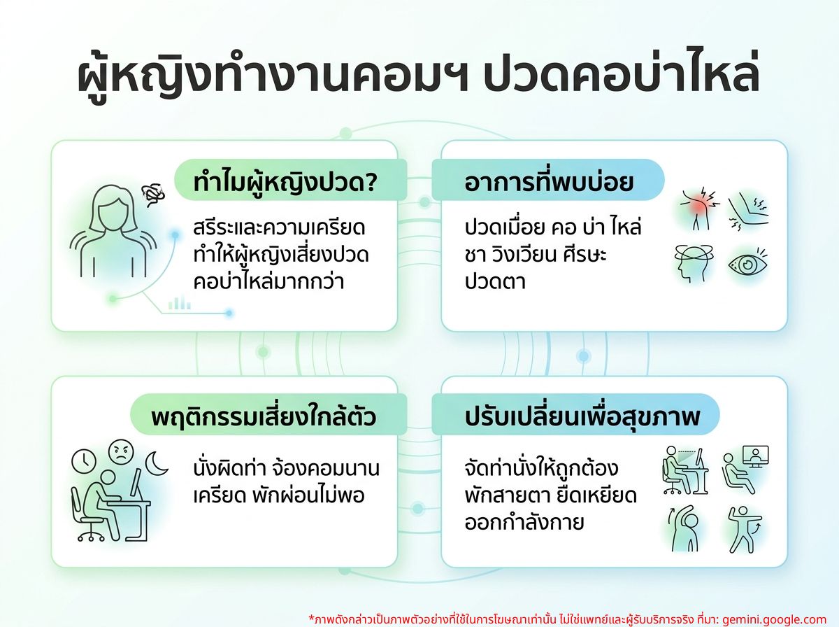 ผู้หญิงกำลังปวดคอบ่าไหล่จากการทำงานหน้าคอมพิวเตอร์