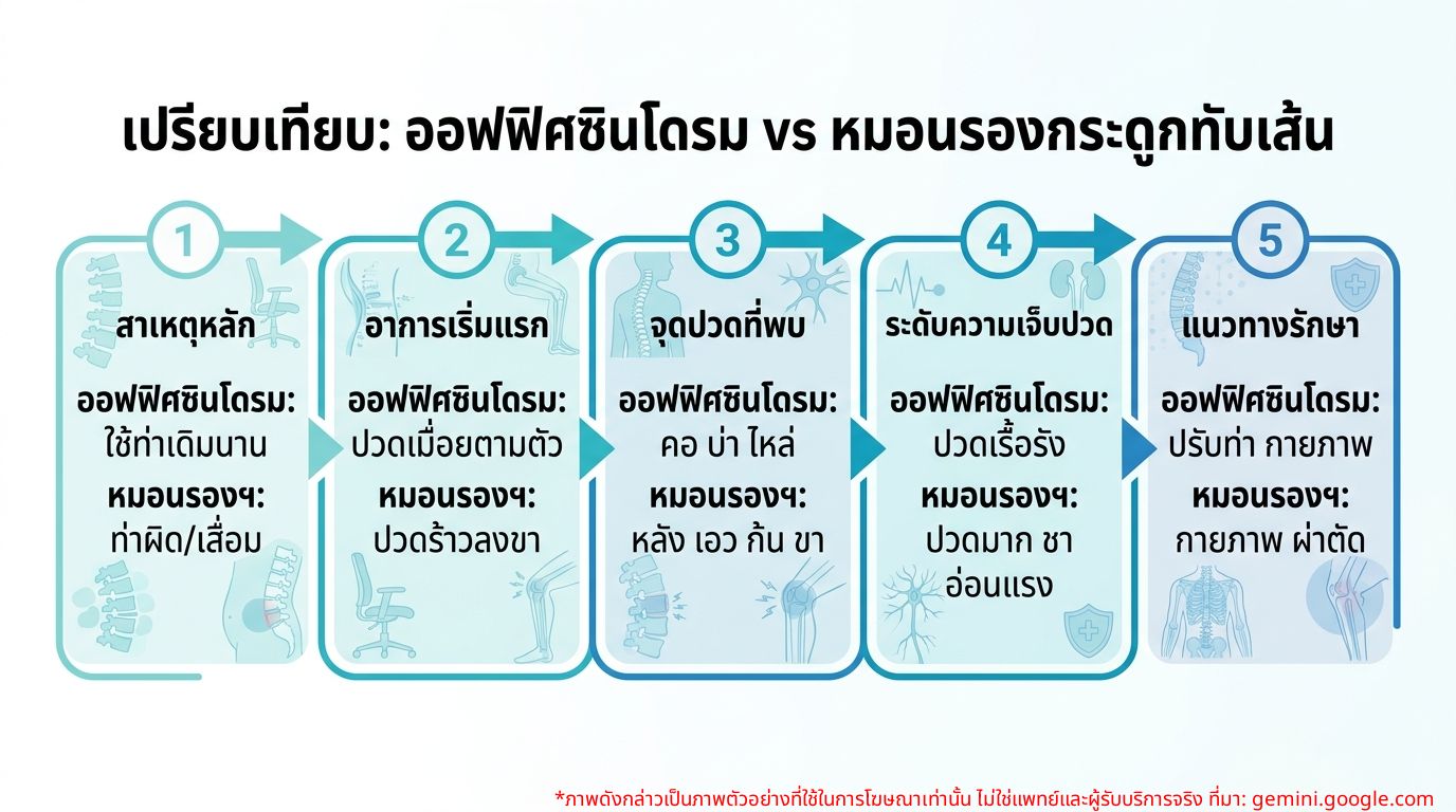อินโฟกราฟิกเปรียบเทียบอาการออฟฟิศซินโดรมและหมอนรองกระดูกทับเส้นประสาท
