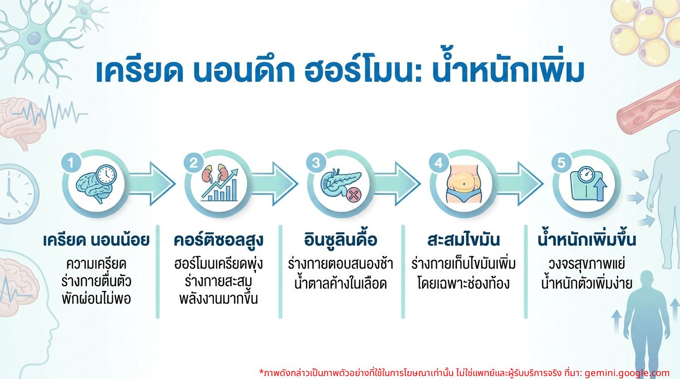 Infographic แสดงกลไกความเชื่อมโยงระหว่างความเครียด การนอนดึก คอร์ติซอล อินซูลิน และน้ำหนักที่เพิ่มขึ้น