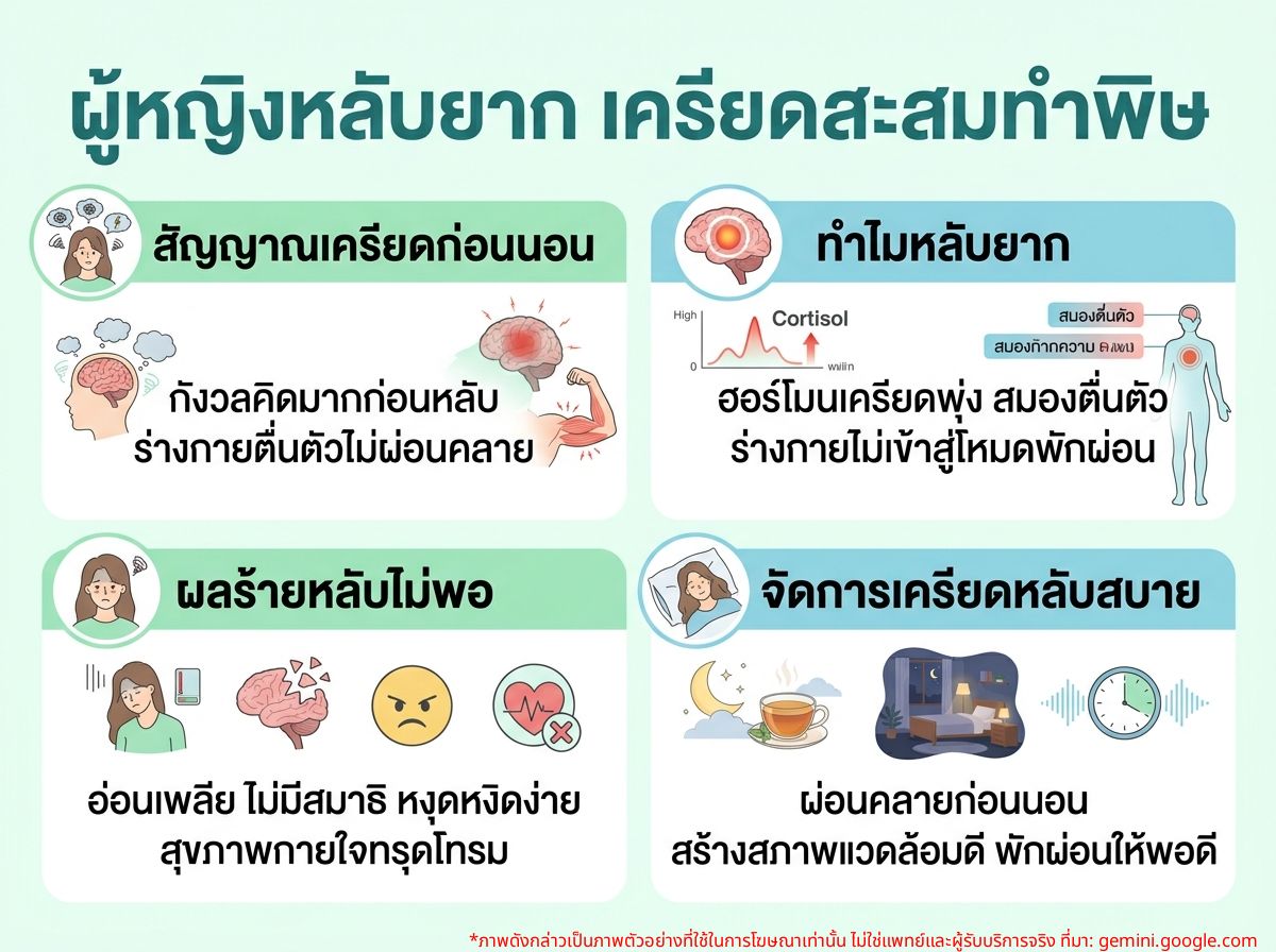 ผู้หญิงกำลังนอนไม่หลับจากความเครียดสะสม