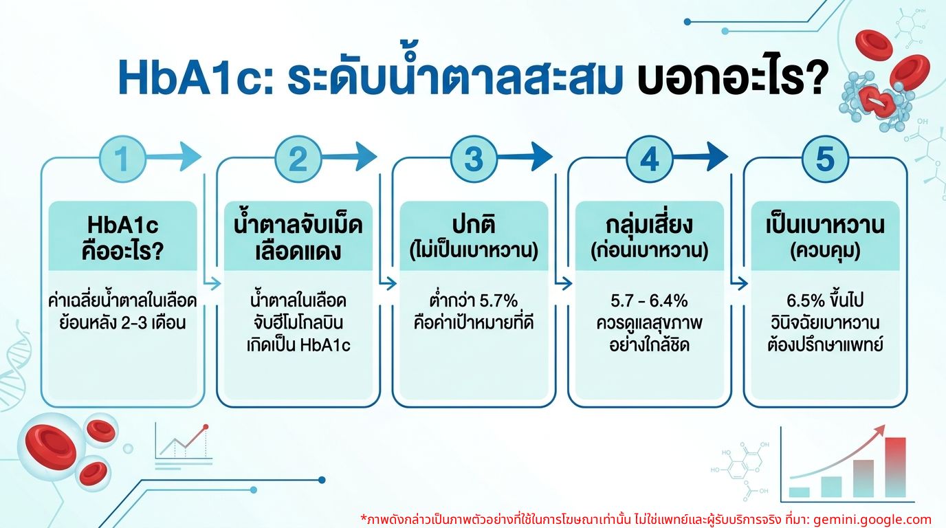กราฟิกอธิบายระดับน้ำตาลสะสม HBA1C และความหมาย