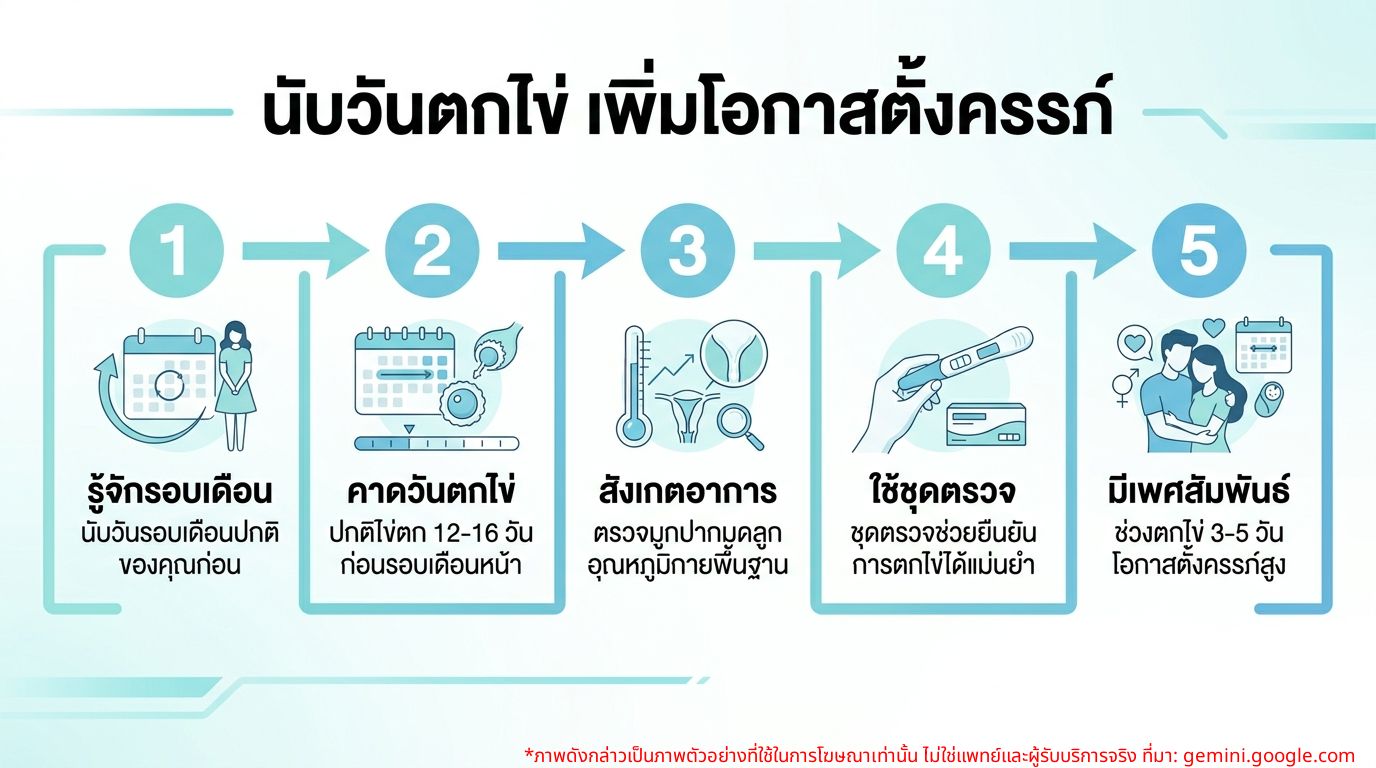 อินโฟกราฟิกแสดงขั้นตอนการนับวันตกไข่และช่วงเวลาที่เหมาะสมสำหรับการมีเพศสัมพันธ์