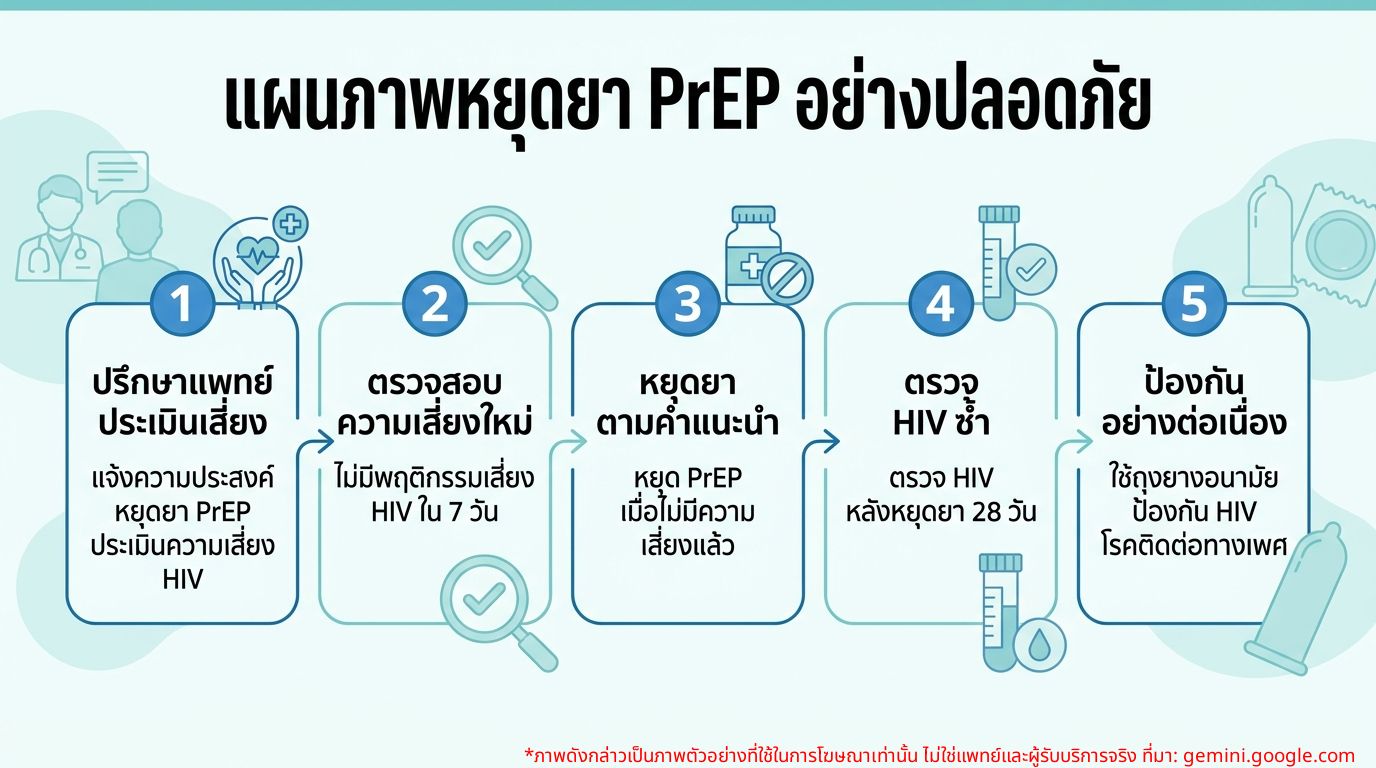 Infographic แผนภาพขั้นตอนการหยุดยา PrEP อย่างปลอดภัย