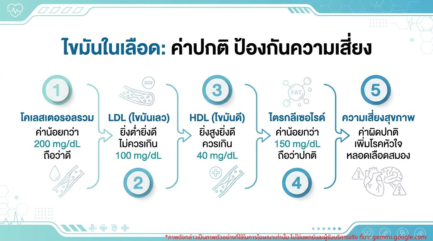 อินโฟกราฟิกแสดงค่าปกติของไขมันในเลือดแต่ละชนิด และความเสี่ยงต่อสุขภาพ