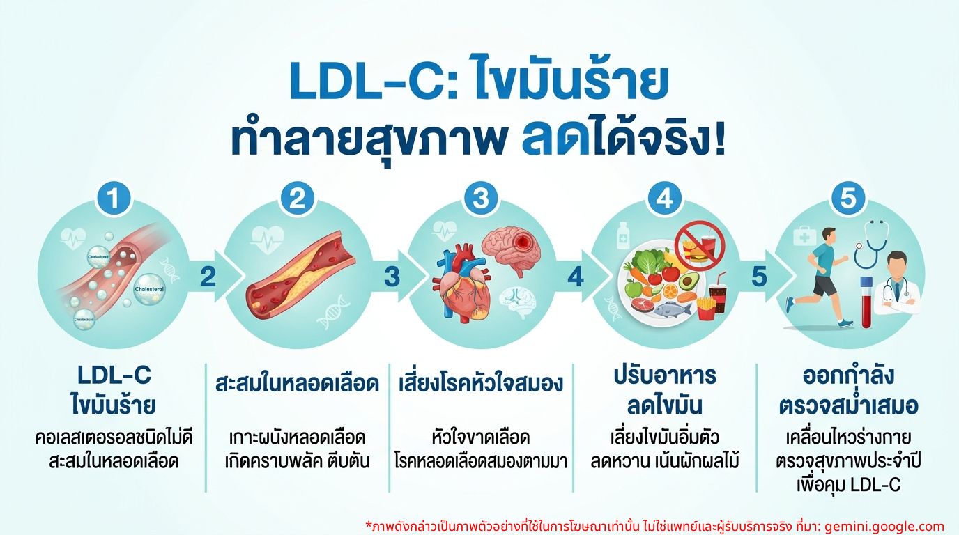 อินโฟกราฟิกแสดงผลกระทบของ LDL-C ไขมันไม่ดีต่อร่างกายและวิธีลด