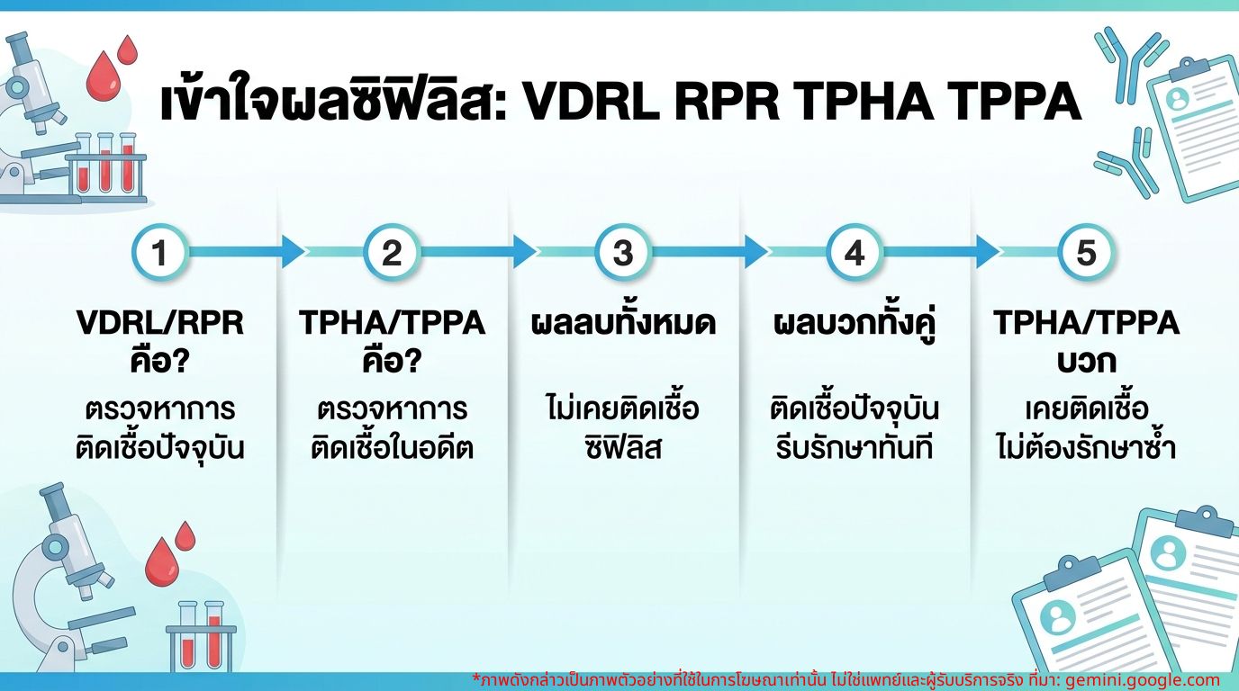 อินโฟกราฟิกแสดงผลการตรวจซิฟิลิส VDRL RPR และ TPHA TPPA และการตีความผล