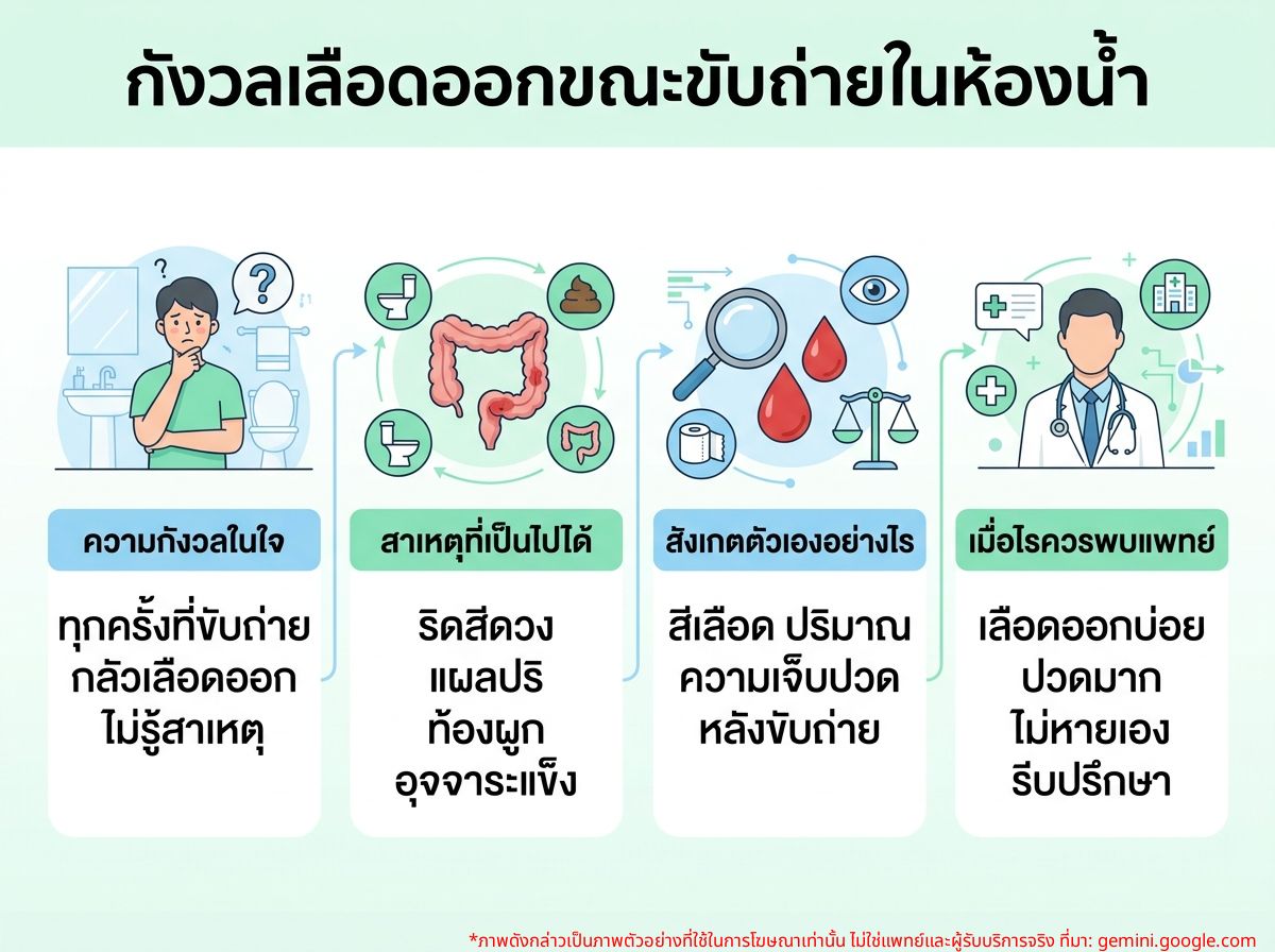 ผู้หญิงกำลังใช้ห้องน้ำพร้อมกังวลเรื่องเลือดออกขณะขับถ่าย