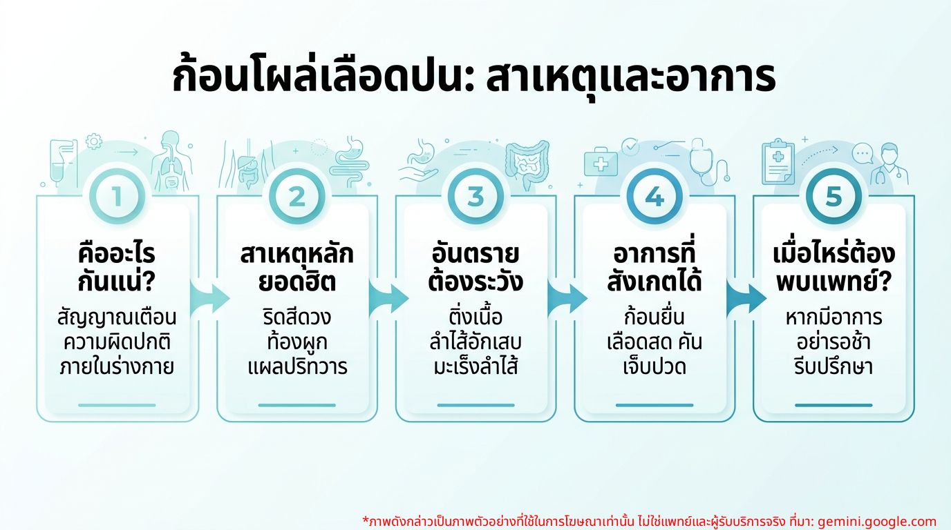 อินโฟกราฟิกแสดงสาเหตุและอาการของก้อนโผล่เลือดปนขณะขับถ่าย