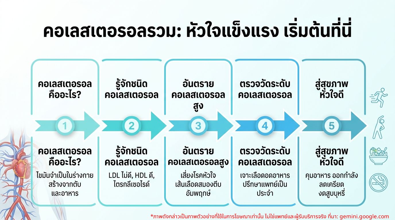 อินโฟกราฟิกความรู้เกี่ยวกับคอเลสเตอรอลรวมและสุขภาพหัวใจ