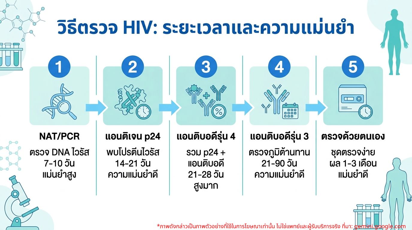 อินโฟกราฟิกแสดงวิธีการตรวจ HIV ชนิดต่างๆ พร้อมระยะเวลา Window Period และความแม่นยำของแต่ละวิธี