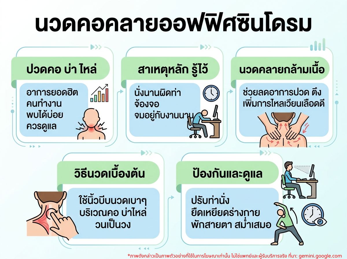 คนทำงานกำลังนวดคอบรรเทาอาการออฟฟิศซินโดรม